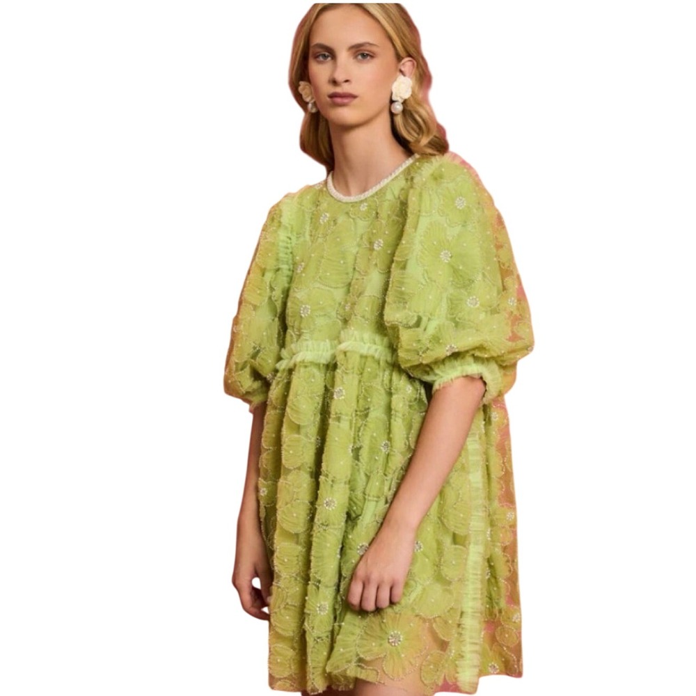 Dream Sister Jane Mini Dress Womens S Green Pearl Floral Puff Sleeve Babydoll